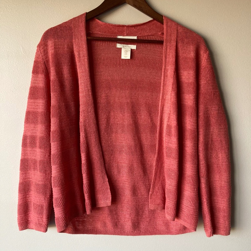 Cynthia Rowley Women Coral Pink 100% Linen Textured Stripe Open Front Cardigan M